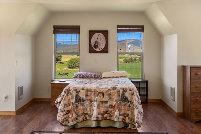 bedroom featuring a mountain view, dark hardwood / wood-style flooring, multiple windows, and lofted ceiling