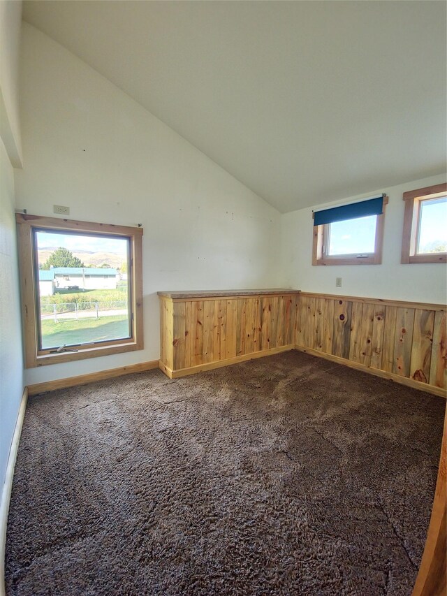 512 S Oak St, Townsend, MT 59644 - empty room featuring vaulted ceiling, baseboards, and dark carpet