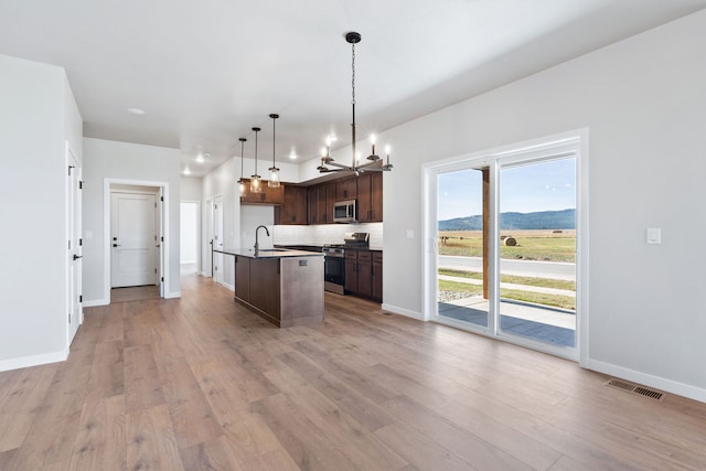 kitchen with an island with sink, a mountain view, stainless steel appliances, light wood-type flooring, and sink