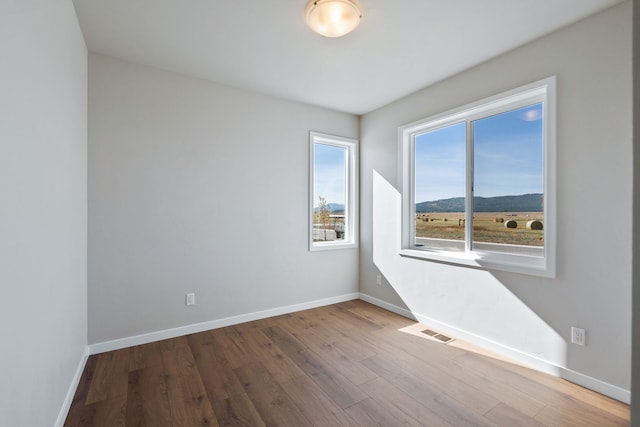 unfurnished room with hardwood / wood-style floors and a mountain view