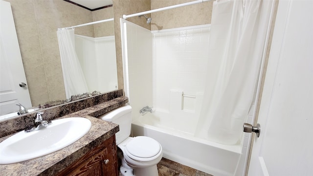 full bathroom with vanity, toilet, and shower / bath combo with shower curtain