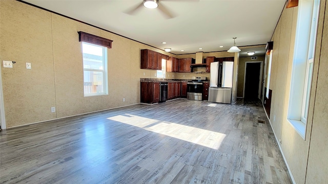 kitchen with ceiling fan, premium range hood, decorative light fixtures, stainless steel appliances, and light hardwood / wood-style floors