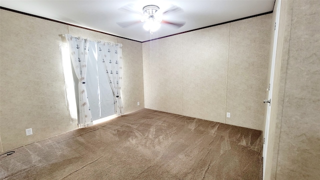 empty room featuring ceiling fan, carpet floors, and crown molding