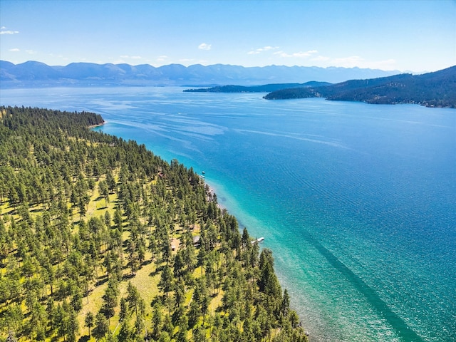 bird's eye view featuring a water and mountain view