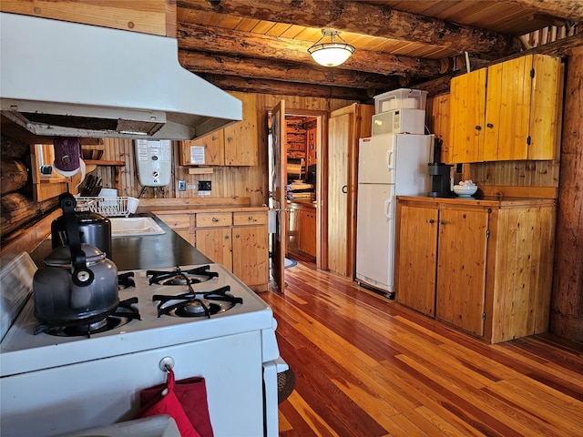 kitchen featuring custom exhaust hood, wooden ceiling, white appliances, beam ceiling, and light hardwood / wood-style flooring