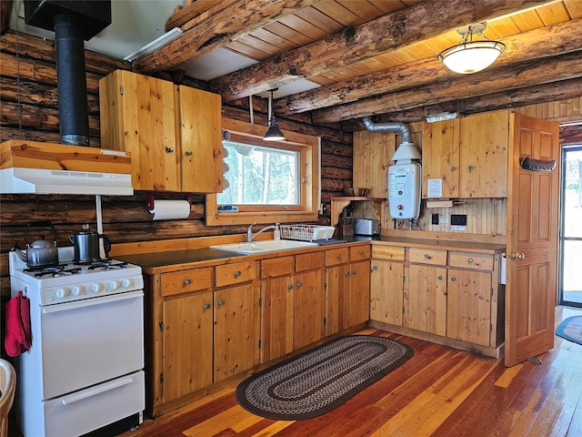 kitchen featuring rustic walls, beamed ceiling, white range with gas stovetop, pendant lighting, and sink