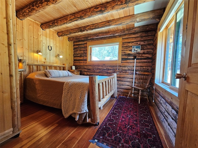 bedroom featuring beamed ceiling, wooden ceiling, hardwood / wood-style floors, and rustic walls