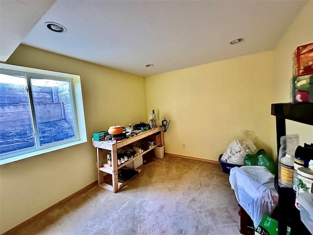 office featuring recessed lighting, light colored carpet, and baseboards