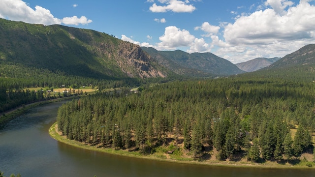 view of mountain feature featuring a wooded view and a water view
