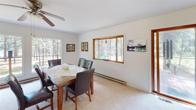 dining space with baseboard heating, baseboards, light carpet, visible vents, and ceiling fan