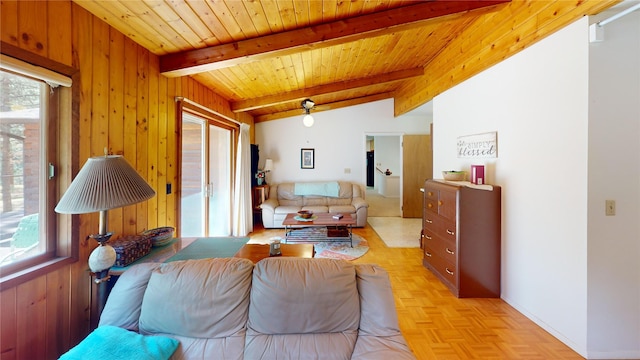 living area with wood ceiling, wooden walls, and lofted ceiling with beams
