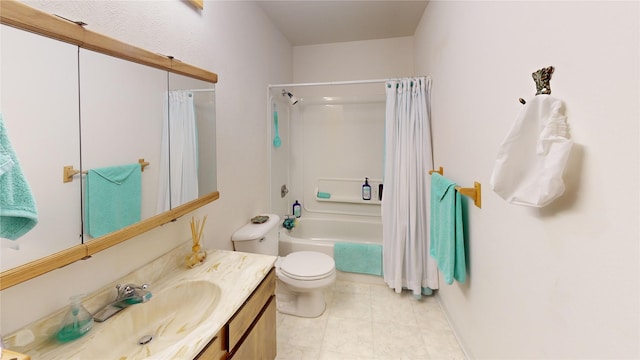 full bathroom with toilet, shower / bath combo, and vanity