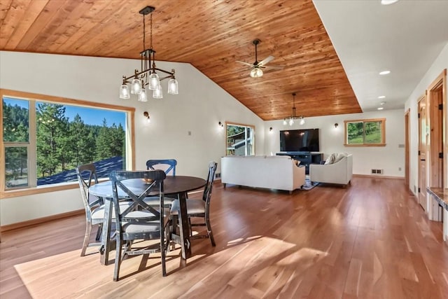 dining room with wooden ceiling, vaulted ceiling, and wood finished floors