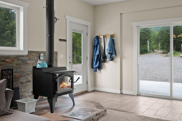 entryway with a wood stove