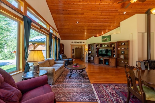 living room with a wood stove, hardwood / wood-style floors, wooden ceiling, and high vaulted ceiling