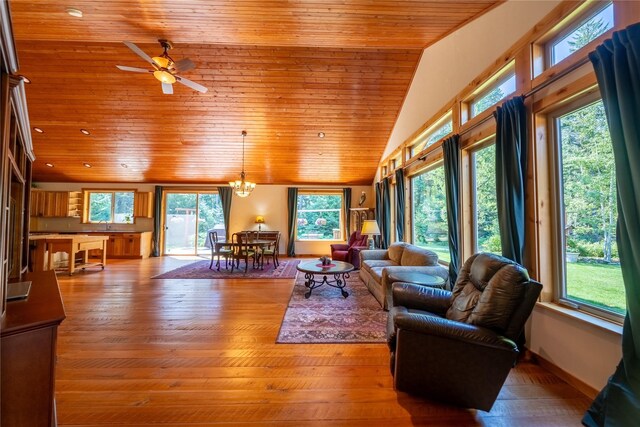 living room with sink, hardwood / wood-style flooring, high vaulted ceiling, ceiling fan with notable chandelier, and wooden ceiling