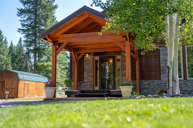 exterior space with a storage shed