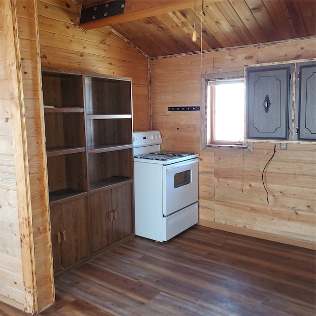 kitchen with dark hardwood / wood-style flooring, wooden walls, white stove, wooden ceiling, and lofted ceiling with beams