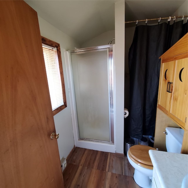 bathroom with hardwood / wood-style floors, a shower with shower curtain, vanity, lofted ceiling, and toilet