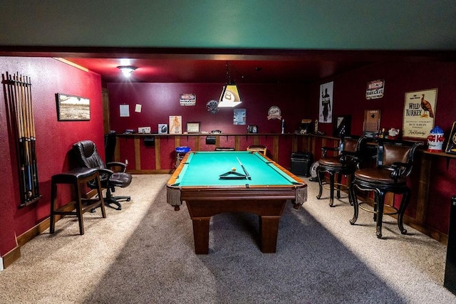 recreation room with pool table and carpet