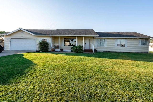 ranch-style house with an attached garage, a front lawn, a porch, and concrete driveway