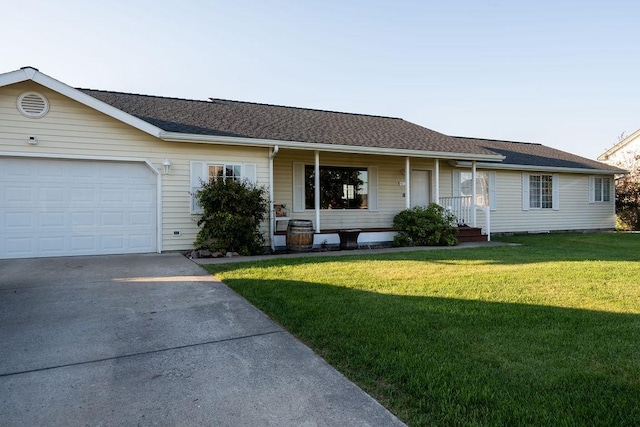 single story home with a front yard, roof with shingles, an attached garage, driveway, and a porch
