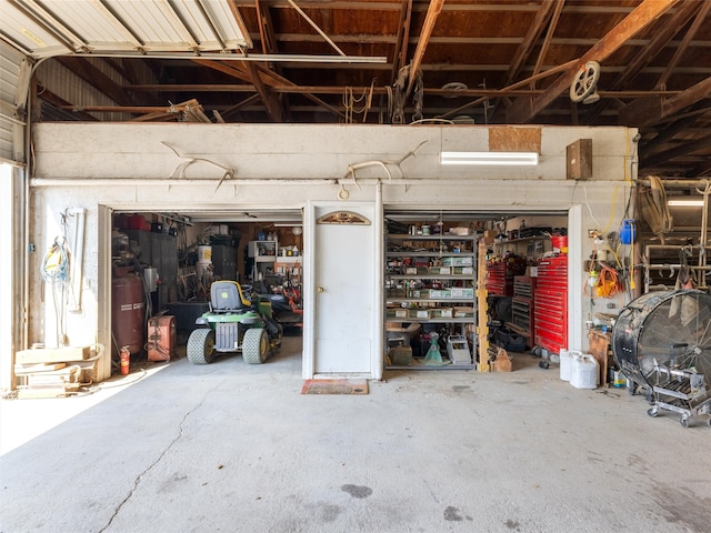 garage with a workshop area