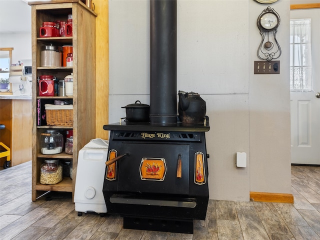 interior details featuring a wood stove