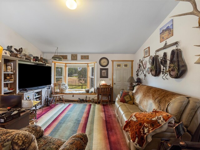 living room featuring wood-type flooring and lofted ceiling