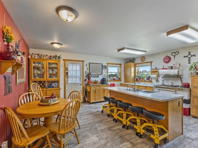 dining room with sink and light hardwood / wood-style flooring