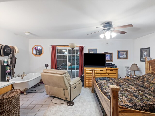 tiled bedroom with ceiling fan