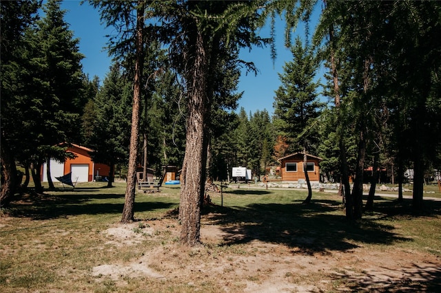 view of yard featuring a garage, an outbuilding, and a playground