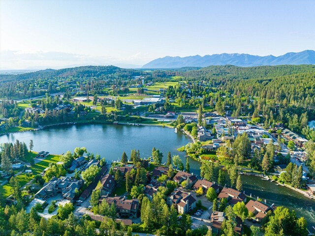 aerial view featuring a water and mountain view