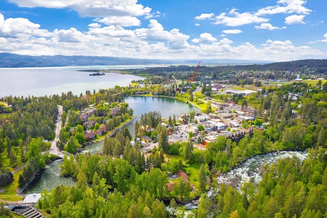 drone / aerial view with a water and mountain view