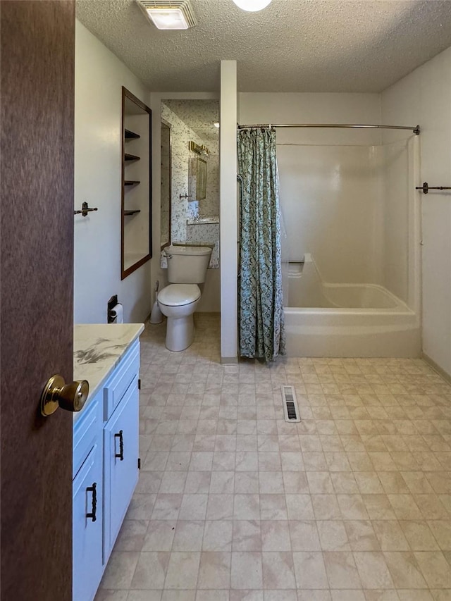 bathroom with visible vents, toilet, shower / bath combo with shower curtain, vanity, and a textured ceiling