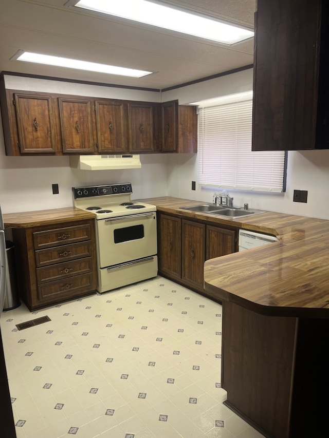 kitchen with white appliances, kitchen peninsula, sink, and dark brown cabinetry