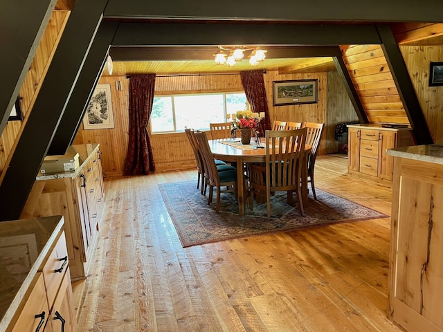 dining area featuring light hardwood / wood-style flooring, beam ceiling, wooden walls, and a chandelier