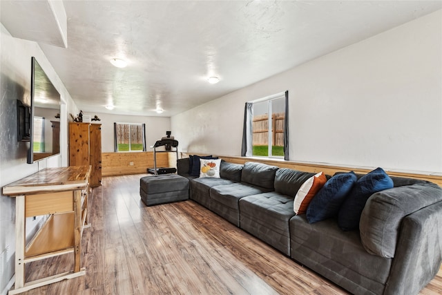 living room with wooden walls and wood-type flooring