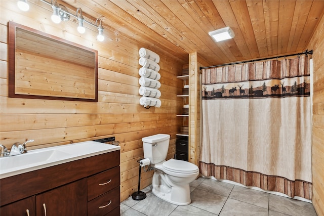 bathroom featuring wood ceiling, tile patterned flooring, a shower with curtain, toilet, and wood walls