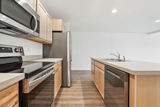 kitchen with light brown cabinetry, light wood-type flooring, appliances with stainless steel finishes, and sink