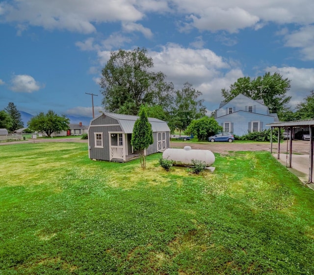 view of yard featuring a storage unit