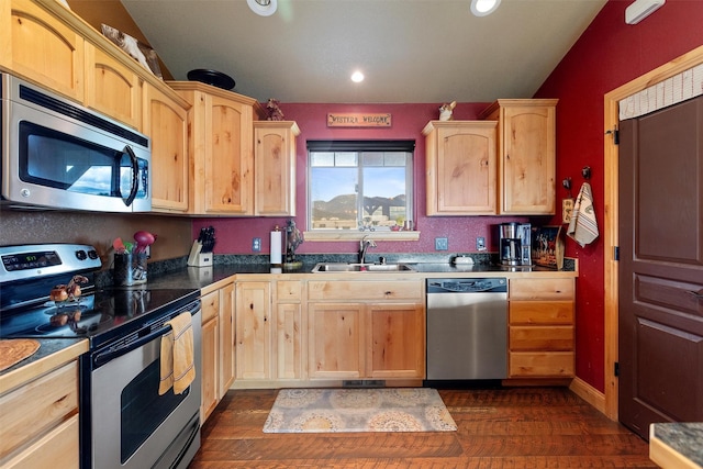 kitchen featuring sink, vaulted ceiling, light brown cabinets, appliances with stainless steel finishes, and dark hardwood / wood-style flooring