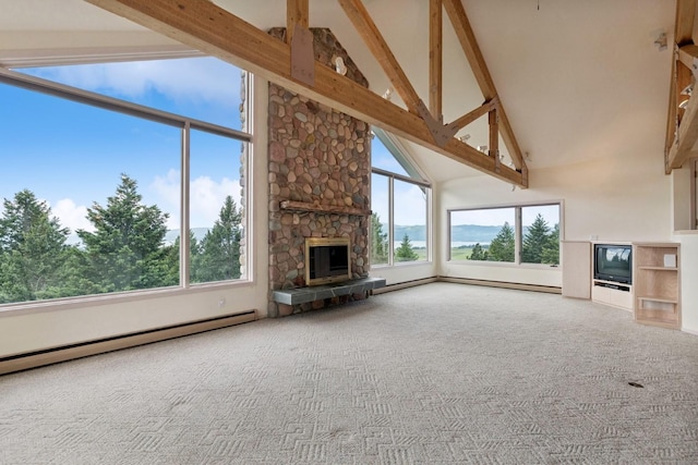 unfurnished living room featuring high vaulted ceiling, a fireplace, beamed ceiling, a baseboard radiator, and carpet floors