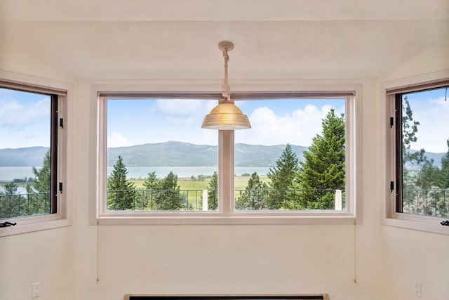 interior space with a baseboard radiator and a mountain view