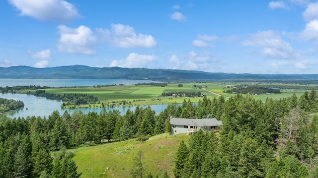 drone / aerial view with a water and mountain view