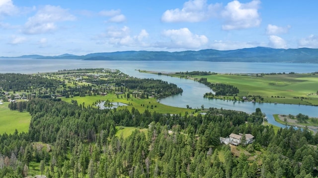 drone / aerial view featuring a water and mountain view