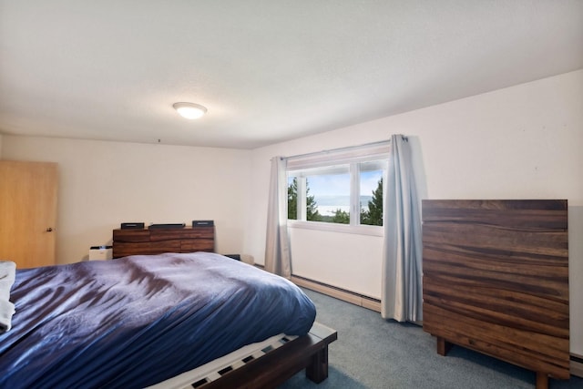 bedroom featuring a baseboard radiator and carpet