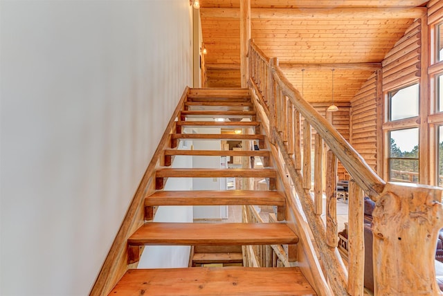 stairway featuring wood ceiling