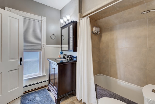 full bathroom featuring a baseboard radiator, vanity, toilet, and shower / bath combination with curtain