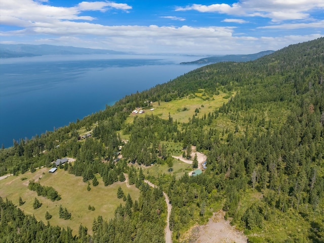 aerial view featuring a water and mountain view